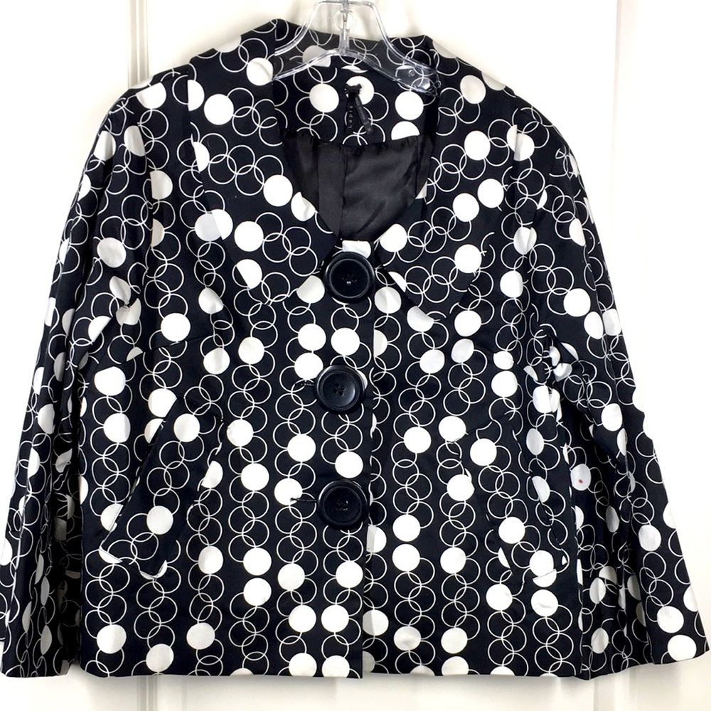 New LAPIS M  Black White Cropped Blazer Jacket Geometric circles polkadot